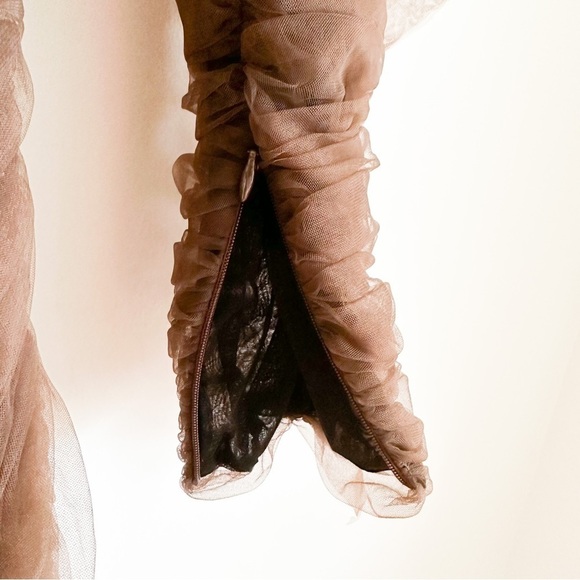 New Mimii London Chocolate Brown Tulle ruffle Bardot mini dress sz Small - Picture 11 of 12